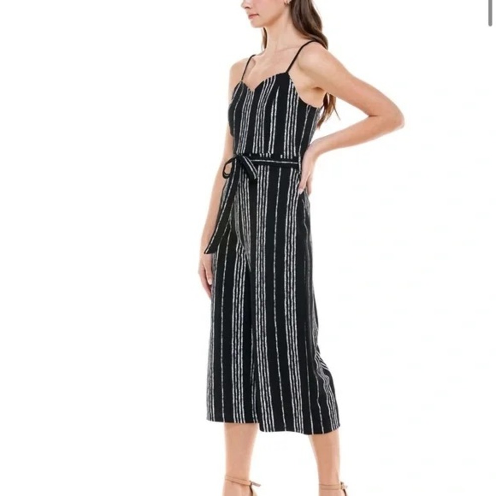Almost Famous Women's Black White Striped Wide Leg Jumpsuit Belted Sleeveless S